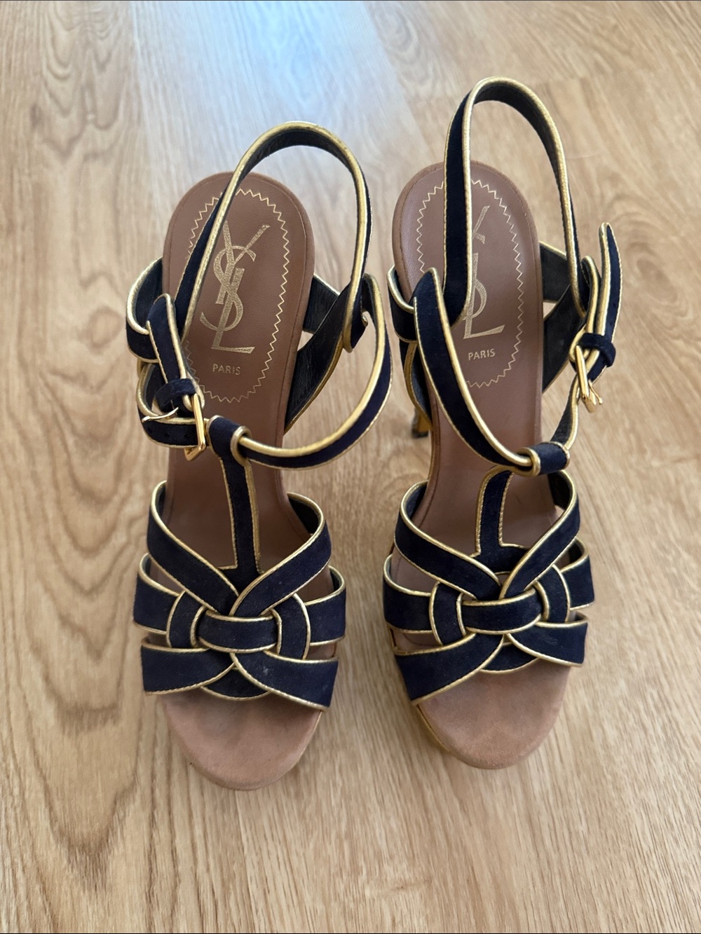 YSL Tribute 105 Navy Suede High Heel Sandals with Gold Trim - Picture 2 of 6